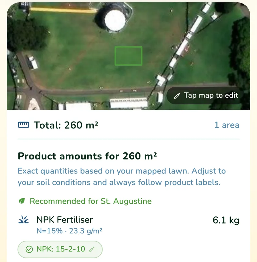 Product amounts for a 260 m² lawn in the What a Green Lawn app