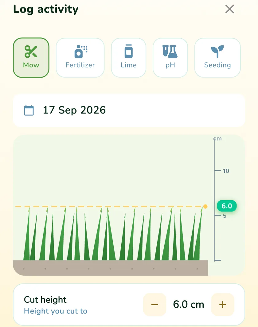 Log activity screen in the What a Green Lawn app with a 6 cm cutting height