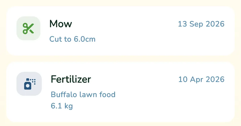 Lawn log in the What a Green Lawn app showing a mow and a fertiliser application