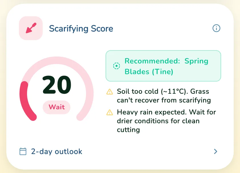 Scarifying Score of 20 with Wait in the What a Green Lawn app for a lawn in Sydney