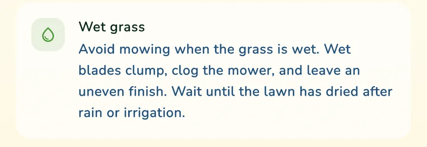 Wet grass rule in the mowing details of the What a Green Lawn app for a lawn in Sydney