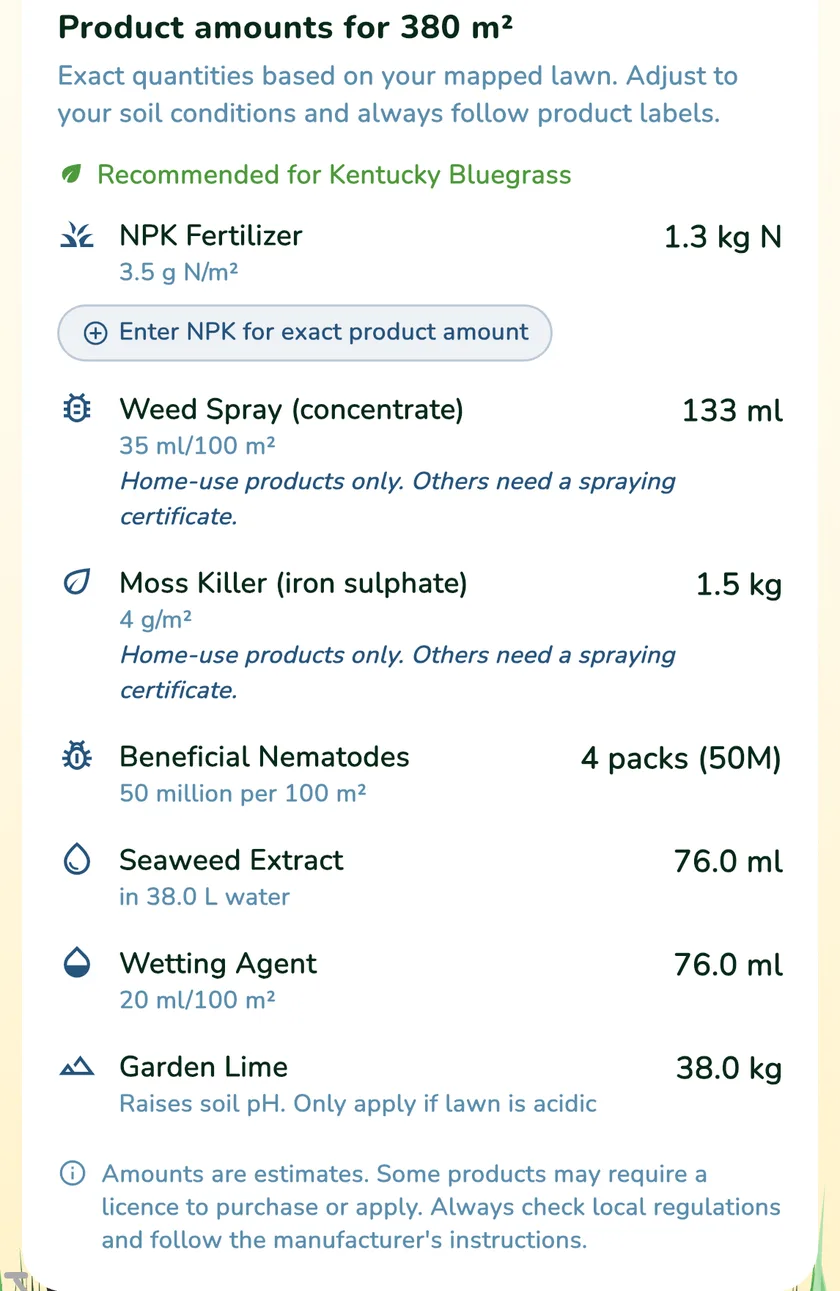 Product amounts card with garden lime in the What a Green Lawn app for a lawn in Toronto