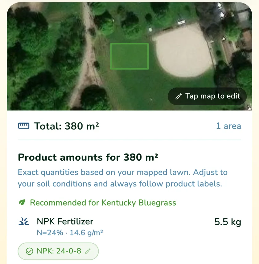 Product amounts for a 380 m² lawn in the What a Green Lawn app