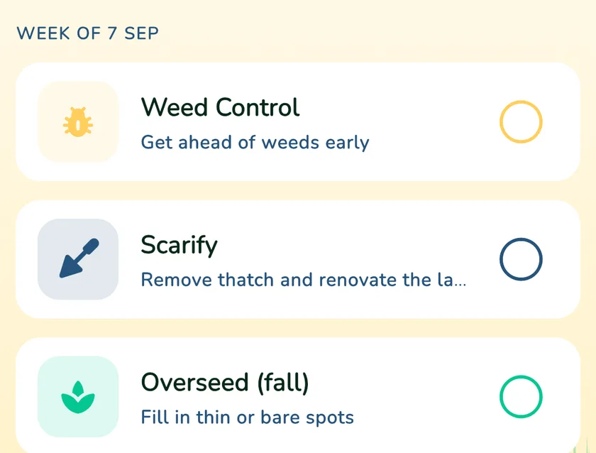 Calendar tasks in the What a Green Lawn app for a lawn in Toronto