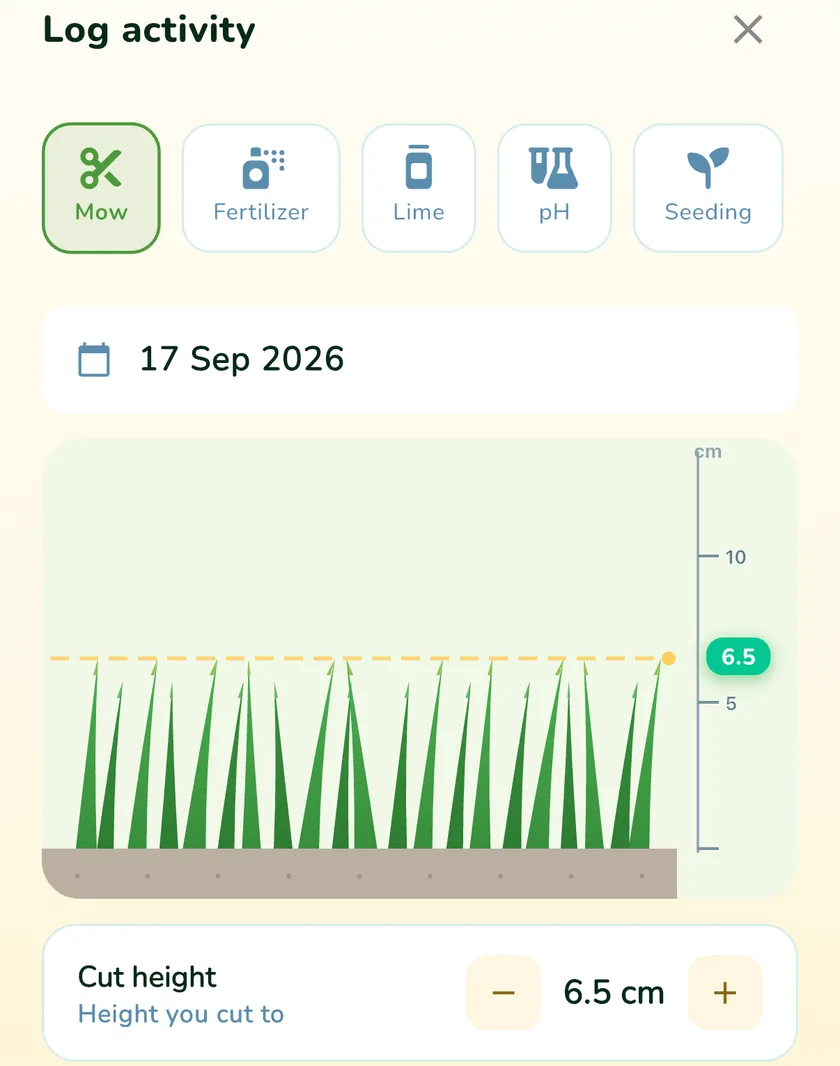 Log activity screen in the What a Green Lawn app with a 6.5 cm cut height