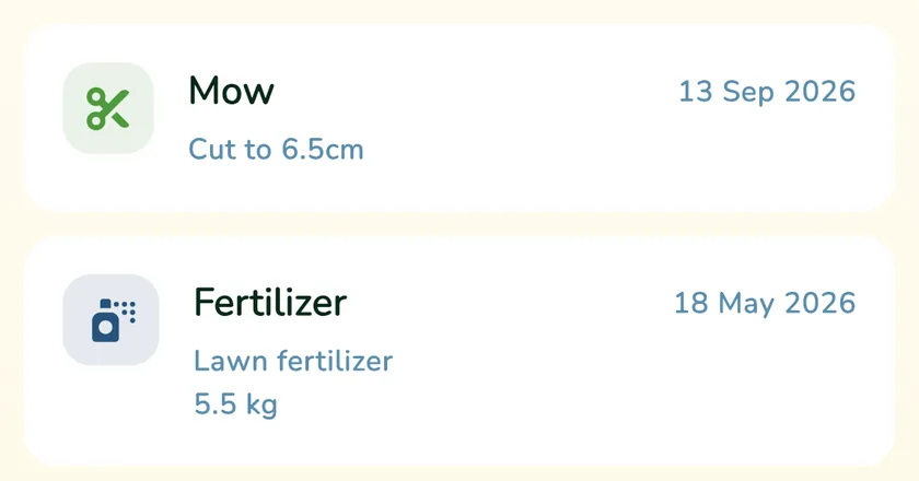 Lawn log in the What a Green Lawn app showing a mow and a fertilizer application