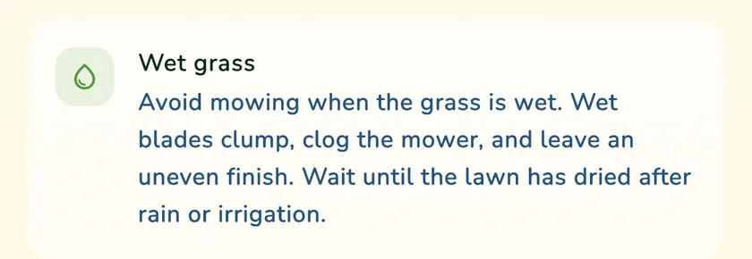Wet grass rule in the mowing details of the What a Green Lawn app for a lawn in Toronto