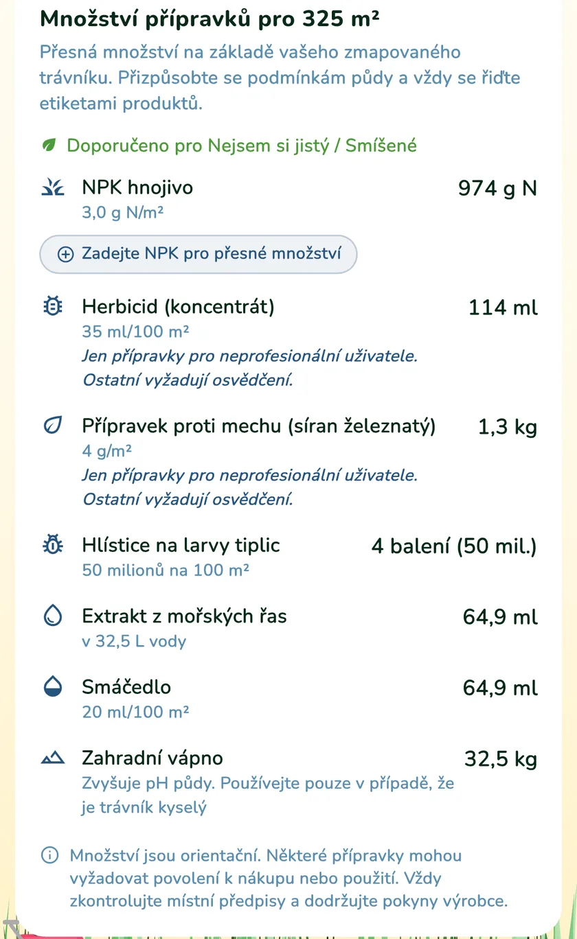 Zahradní vápno v množstvích přípravků v aplikaci What a Green Lawn pro trávník v Brně