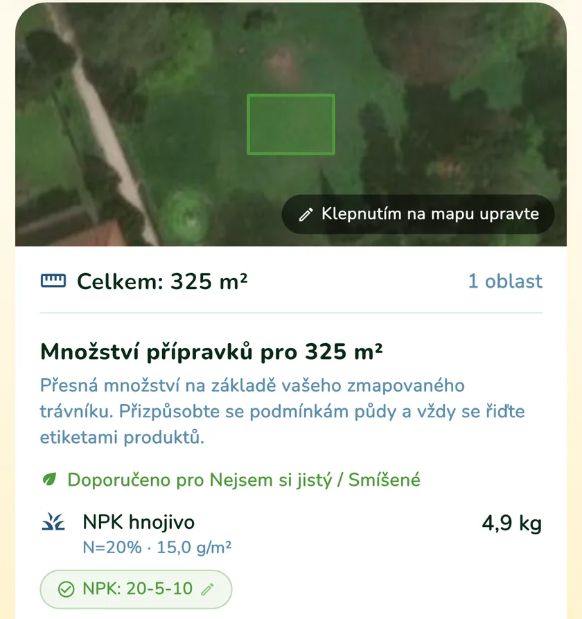 Množství přípravků pro trávník 325 m² v aplikaci What a Green Lawn