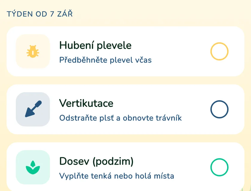 Úkoly v kalendáři aplikace What a Green Lawn pro trávník v Brně