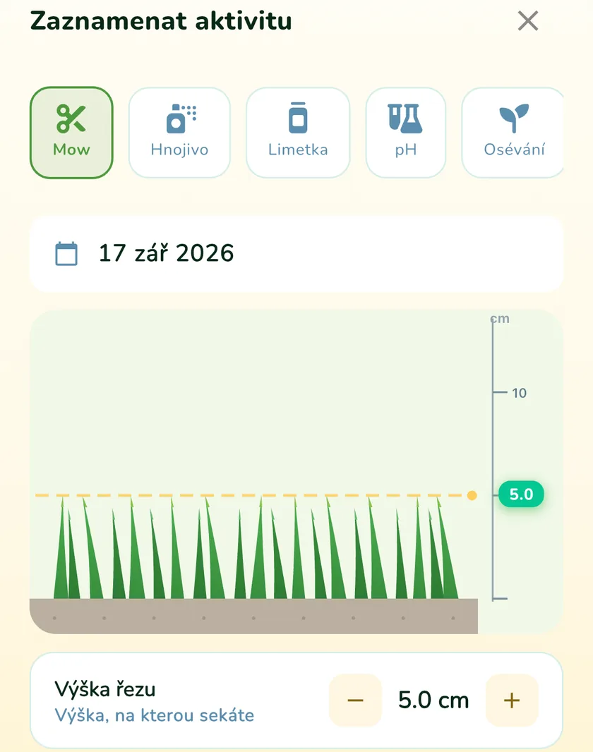 Zaznamenání aktivity v aplikaci What a Green Lawn s výškou sečení 5 cm