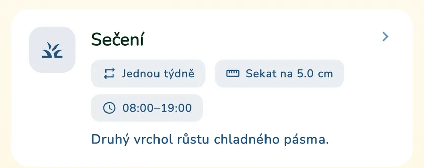 Karta sečení v kalendáři aplikace What a Green Lawn pro trávník v Brně v září