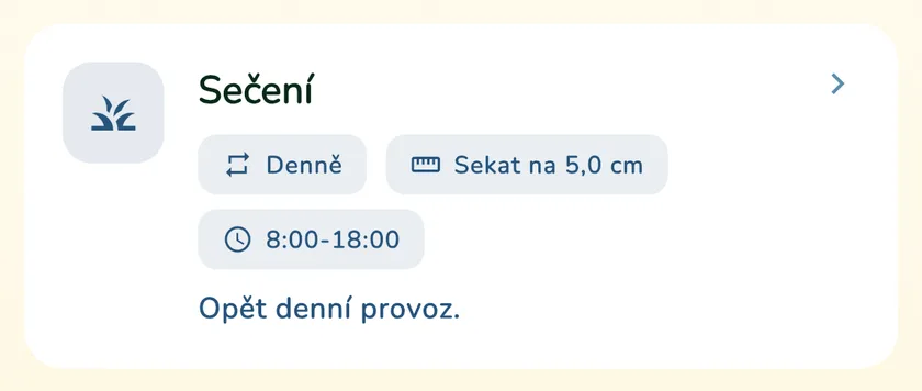 Karta sečení robotickou sekačkou v kalendáři aplikace What a Green Lawn pro trávník v Brně