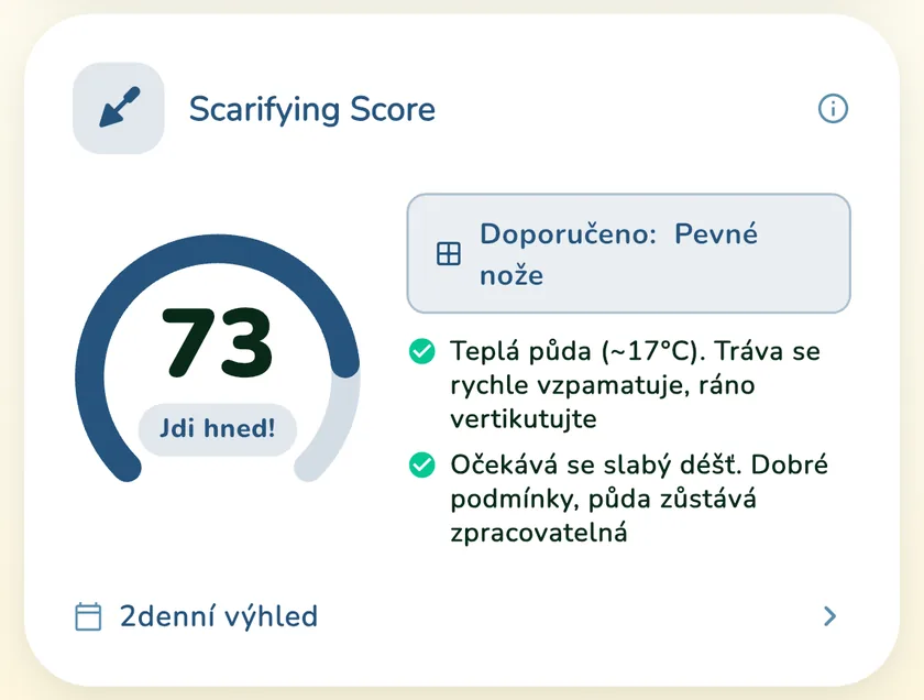 Skóre vertikutace 73 v aplikaci What a Green Lawn pro trávník v Brně