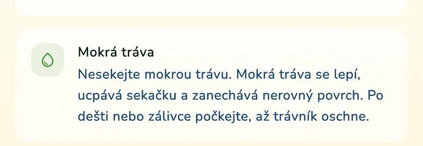 Pravidlo o mokré trávě v podrobnostech sečení v aplikaci What a Green Lawn pro trávník v Brně