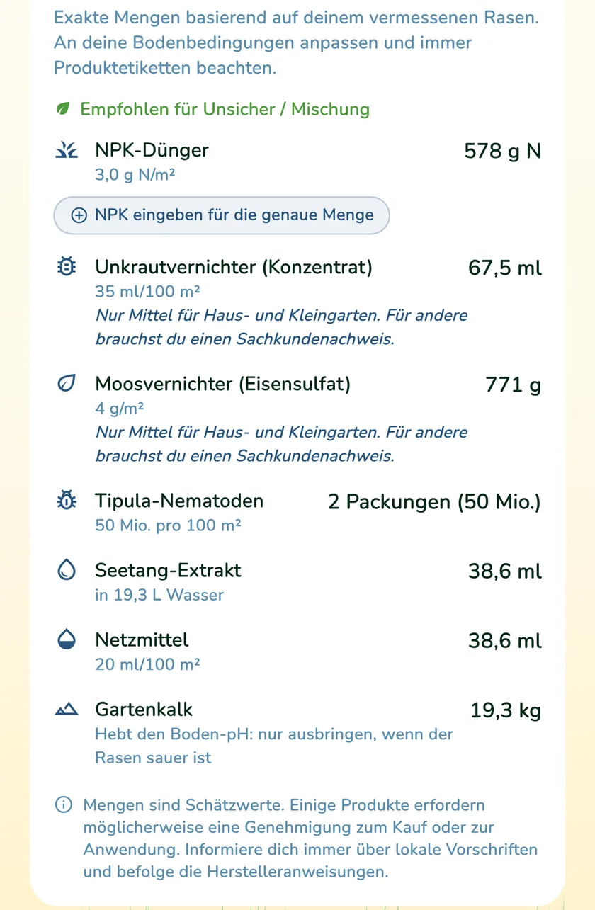 Produktmengen in der App What a Green Lawn für einen Rasen in München