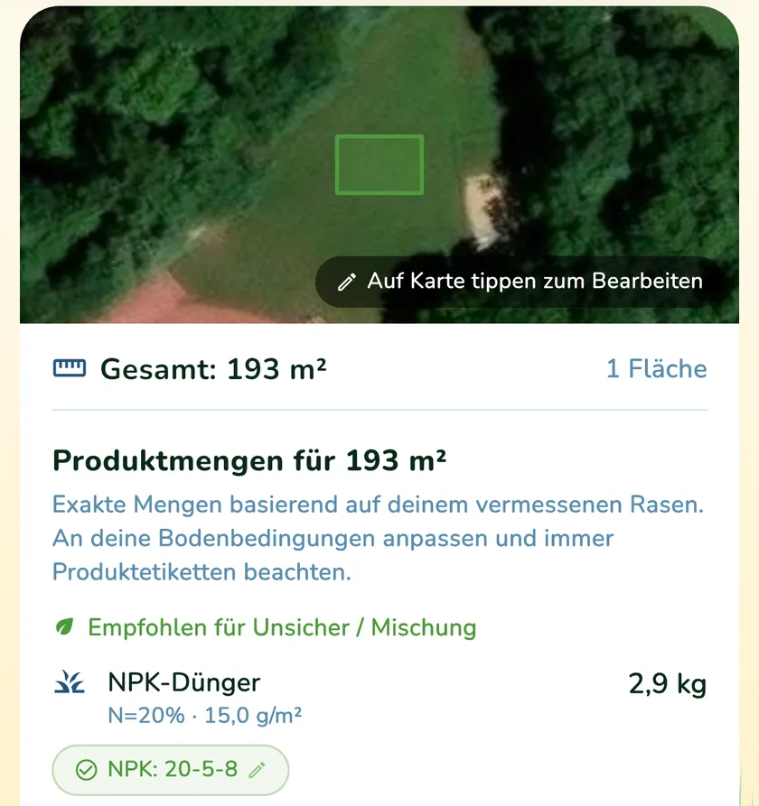 Produktmengen für einen Rasen mit 193 m² in der App What a Green Lawn