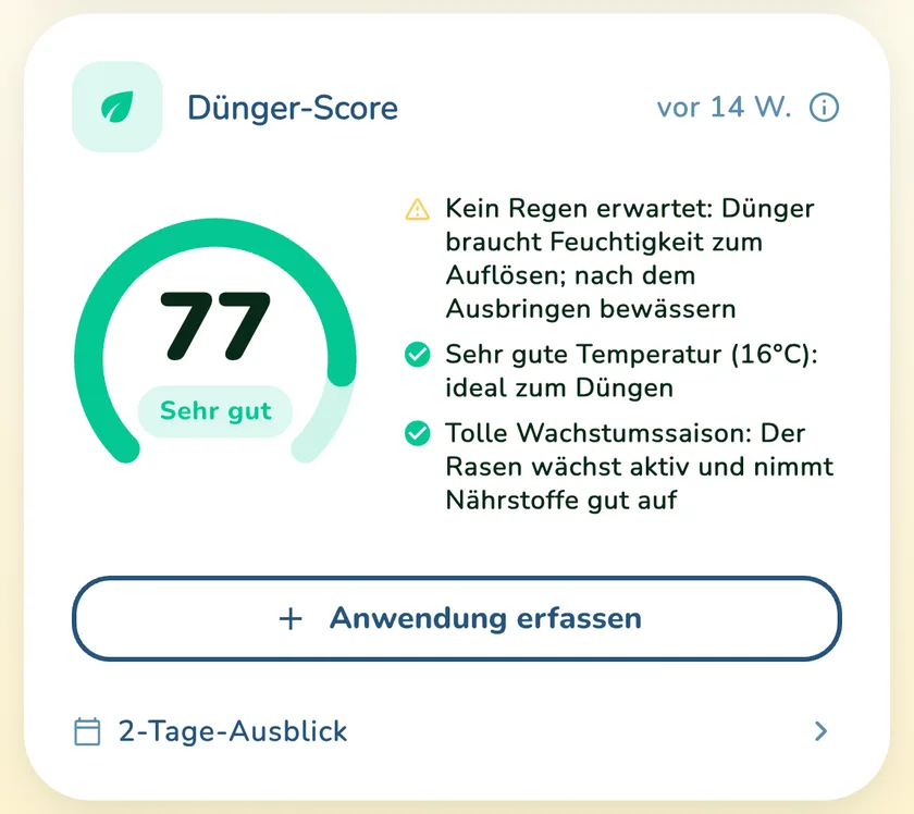 Dünger-Score 77 in der App What a Green Lawn für einen Rasen in München