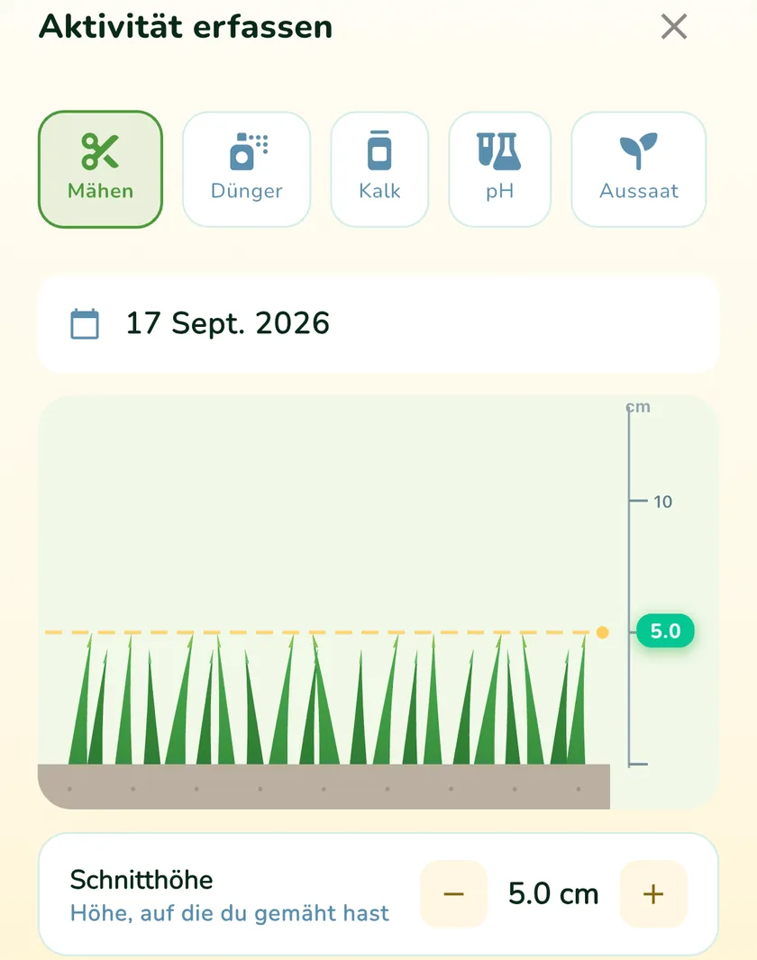 Aktivität erfassen in der App What a Green Lawn mit 5 cm Schnitthöhe