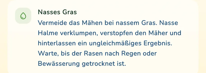 Regel zu nassem Gras in den Mähdetails der App What a Green Lawn für einen Rasen in München