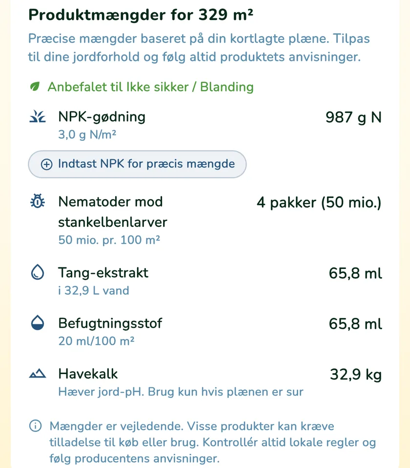 Produktmængder i appen What a Green Lawn for en plæne i Aarhus