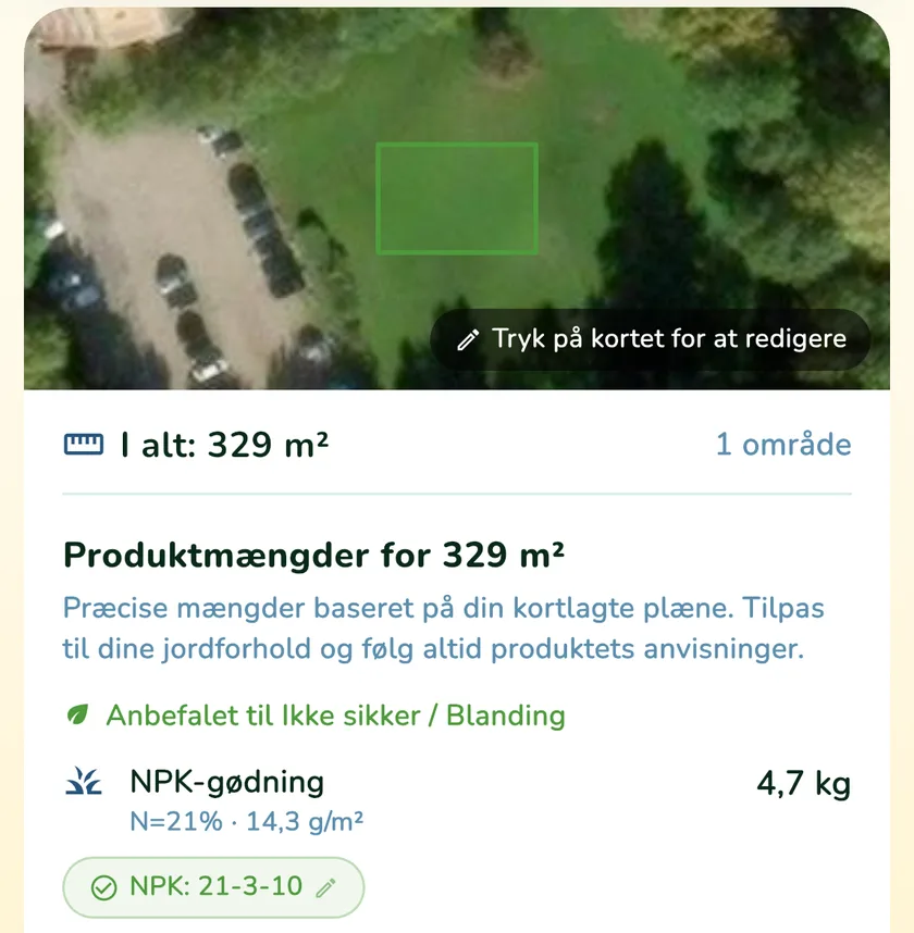 Produktmængder for en plæne på 329 m² i appen What a Green Lawn