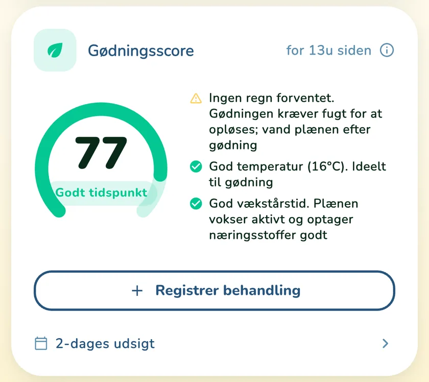 Gødningsscore 77 i appen What a Green Lawn for en plæne i Aarhus