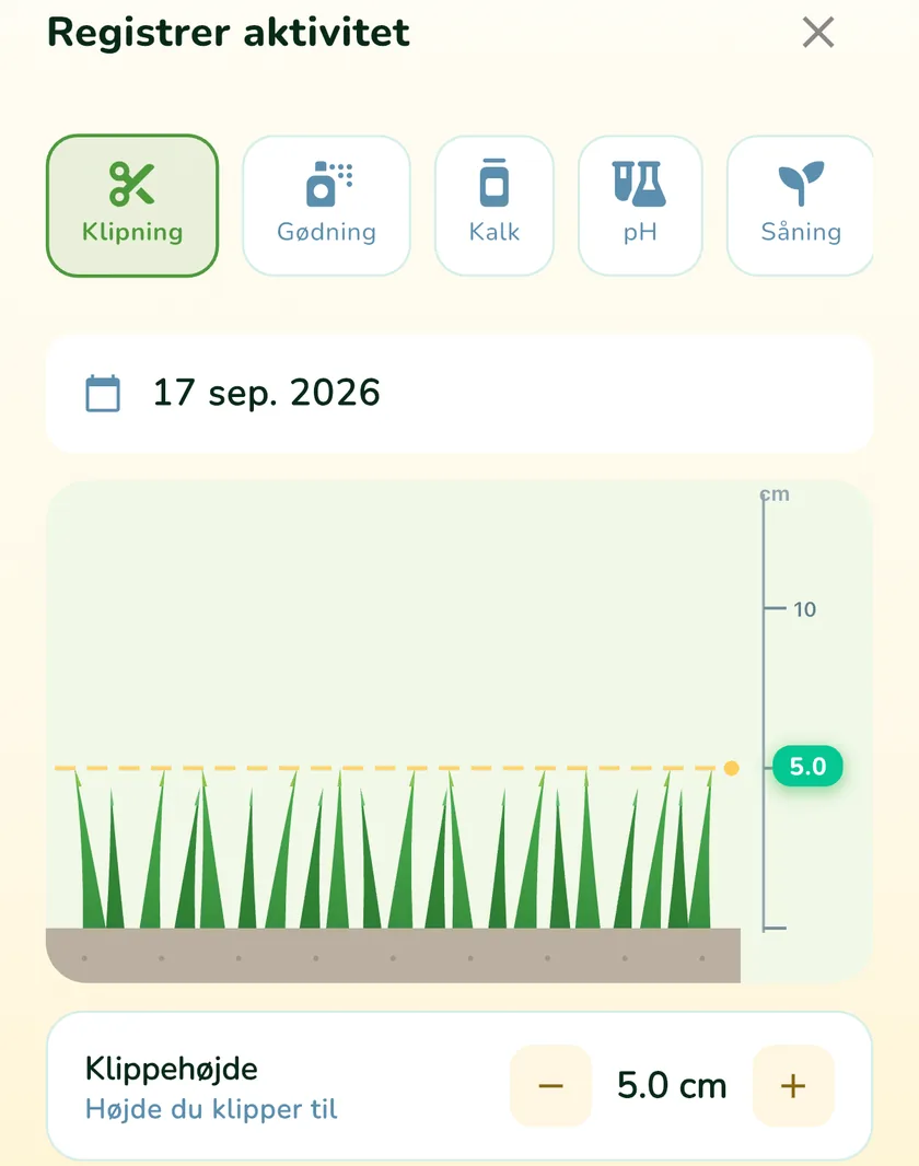 Registrer aktivitet i appen What a Green Lawn med klippehøjde 5 cm
