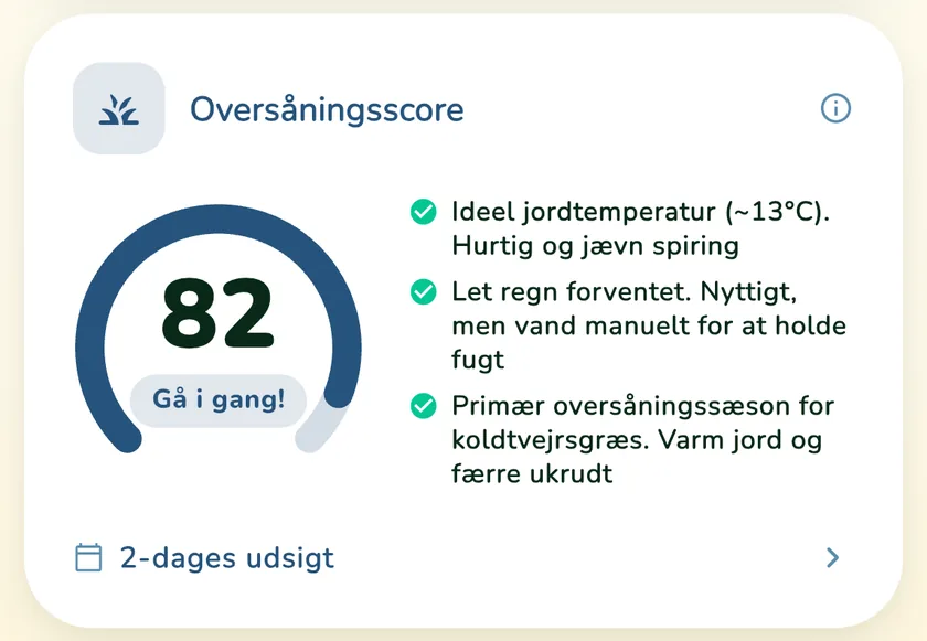 Oversåningsscore 82 i appen What a Green Lawn for en plæne i Aarhus