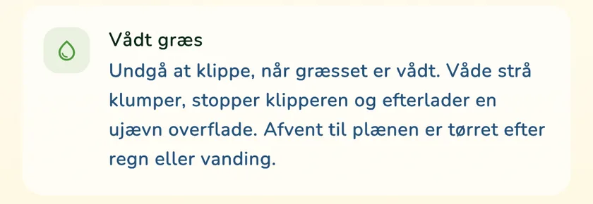 Reglen om vådt græs i klippedetaljerne i appen What a Green Lawn for en plæne i Aarhus
