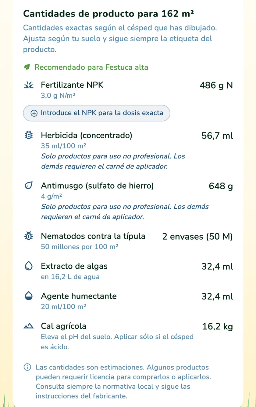 Tarjeta de cantidades con cal agrícola en la app What a Green Lawn para un césped en Madrid