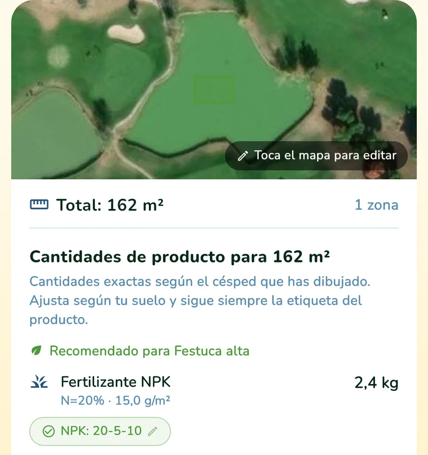 Cantidades de producto para un césped de 162 m² en la app What a Green Lawn