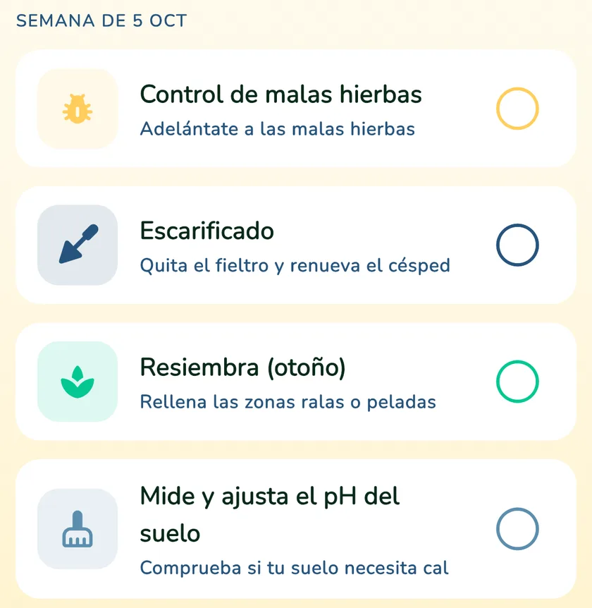 Tareas del calendario en la app What a Green Lawn para un césped en Madrid