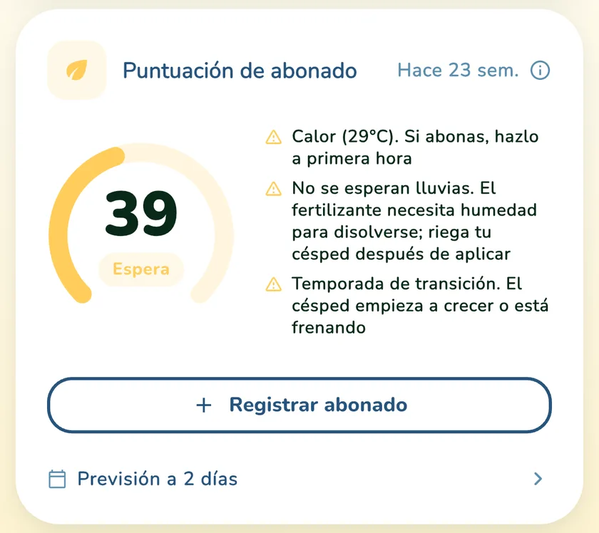 Puntuación de abonado de 39 en la app What a Green Lawn para un césped en Madrid