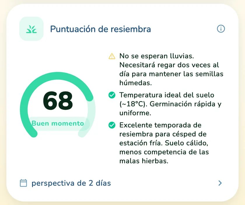 Puntuación de resiembra de 68 en la app What a Green Lawn para un césped en Madrid