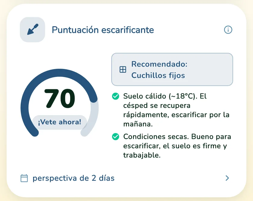 Puntuación de escarificado de 70 en la app What a Green Lawn para un césped en Madrid