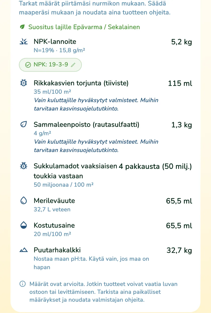 Puutarhakalkki What a Green Lawn -sovelluksen tuotemäärissä helsinkiläiselle nurmikolle