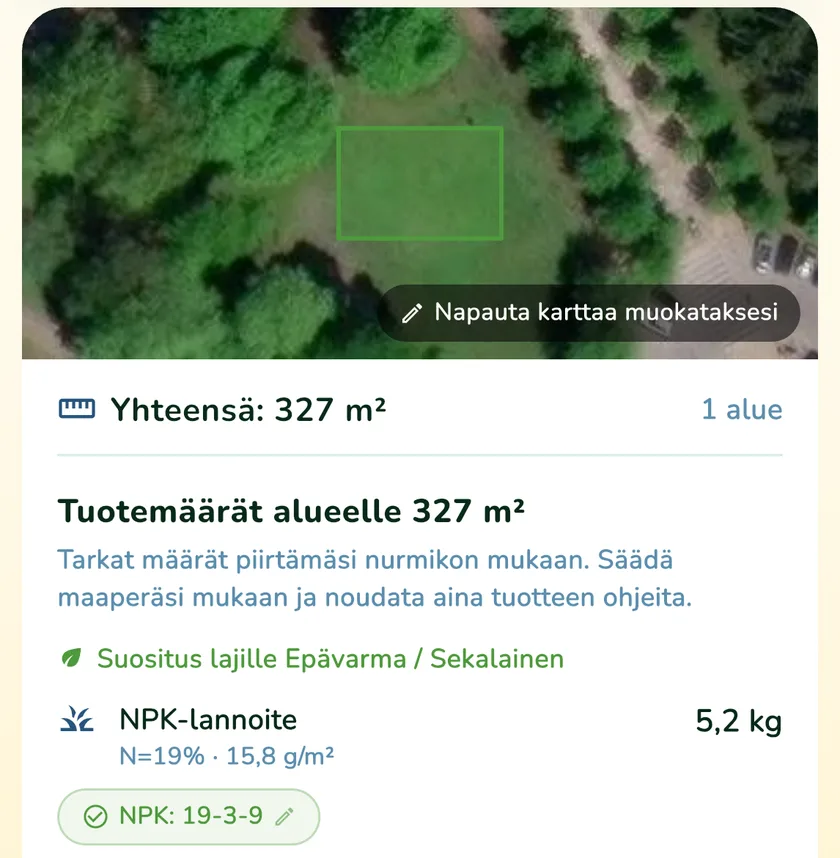 Tuotemäärät 327 m²:n nurmikolle What a Green Lawn -sovelluksessa