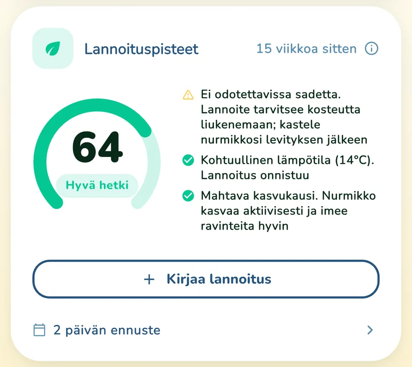 Lannoituksen pisteet 64 What a Green Lawn -sovelluksessa nurmikolle Helsingissä