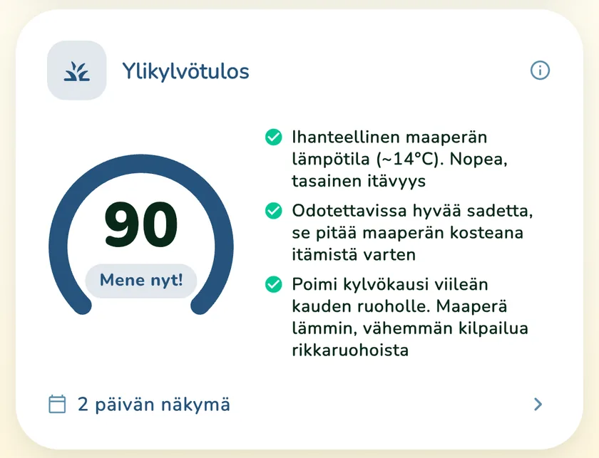 Täydennyskylvön pisteet 90 What a Green Lawn -sovelluksessa nurmikolle Helsingissä
