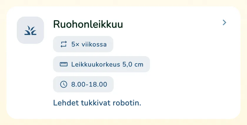 Robottileikkurin leikkuukortti What a Green Lawn -sovelluksen kalenterissa helsinkiläiselle nurmikolle
