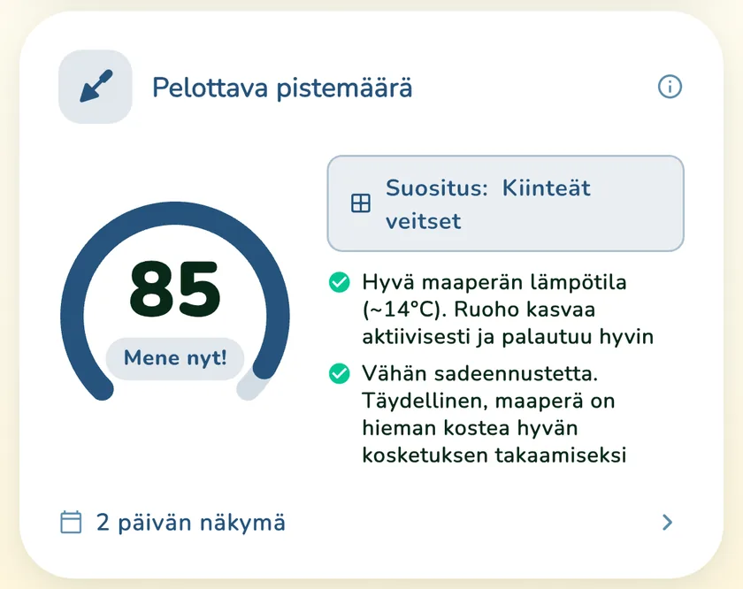 Pystyleikkuun pisteet 85 What a Green Lawn -sovelluksessa nurmikolle Helsingissä