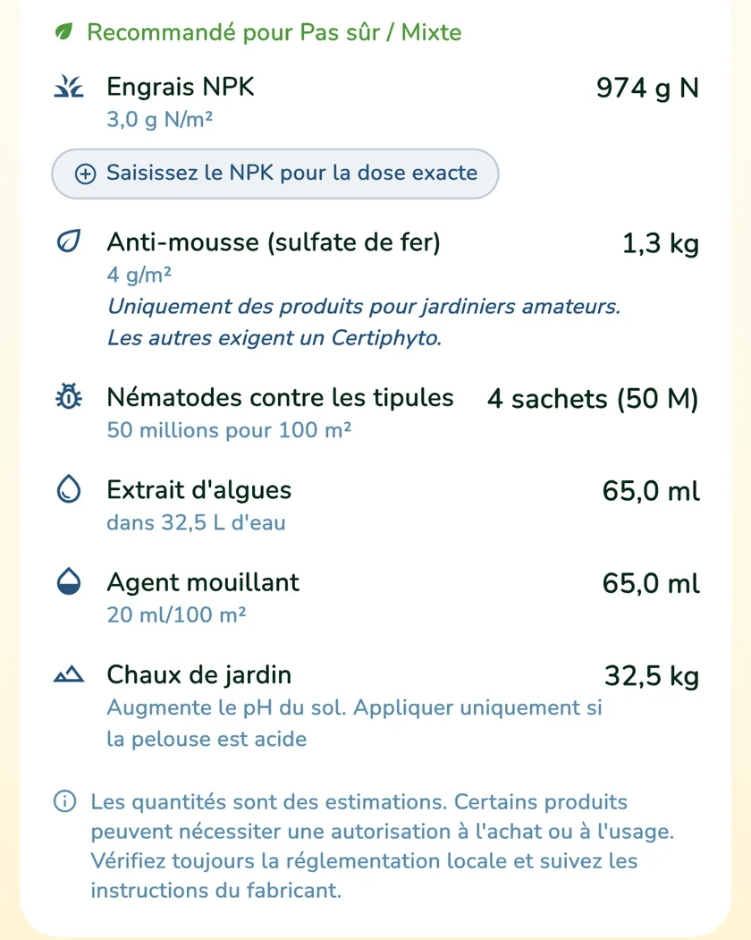 Chaux de jardin dans la carte des quantités de l’appli What a Green Lawn pour une pelouse à Lyon