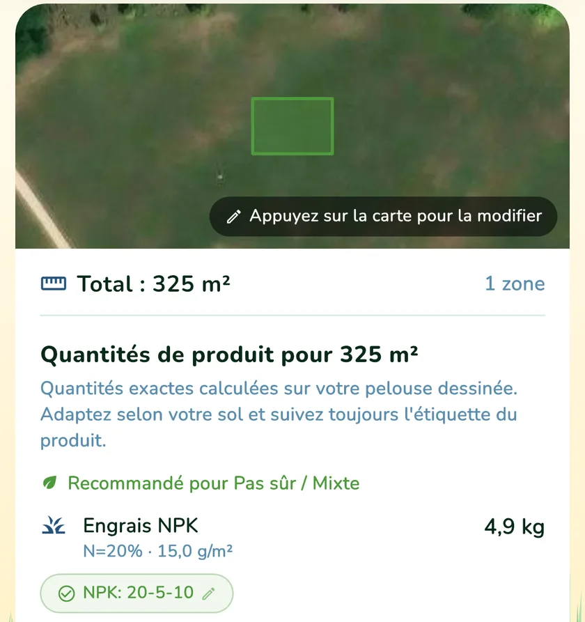 Quantités de produit pour une pelouse de 325 m² dans l'application What a Green Lawn