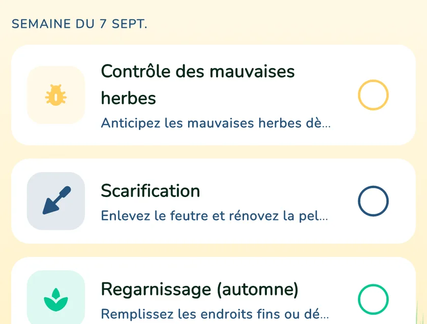 Tâches du calendrier dans l’appli What a Green Lawn pour une pelouse à Lyon