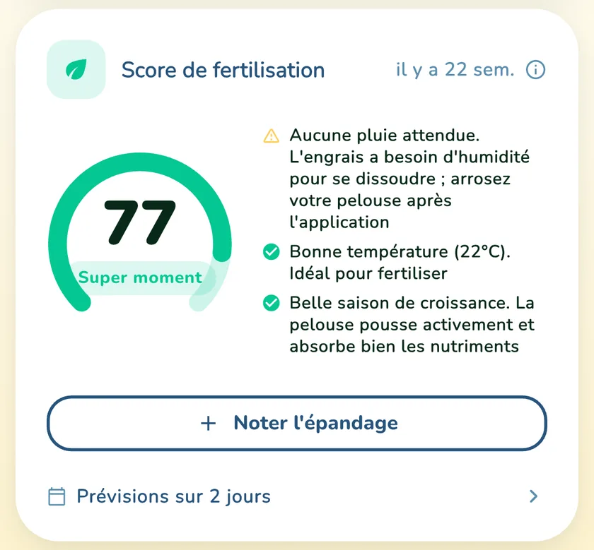 Score d'engrais de 77 dans l'application What a Green Lawn pour une pelouse à Lyon