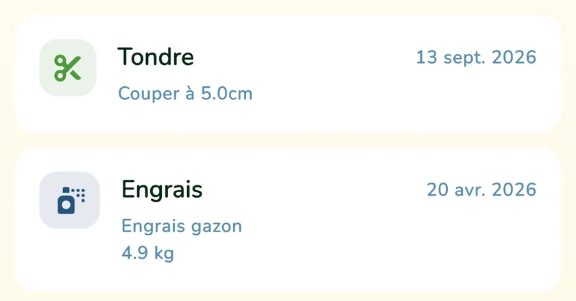 Journal de la pelouse dans l'application What a Green Lawn avec une tonte et un apport d'engrais