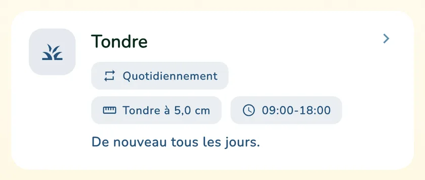 Carte de tonte robot dans le calendrier de l’appli What a Green Lawn pour une pelouse à Lyon