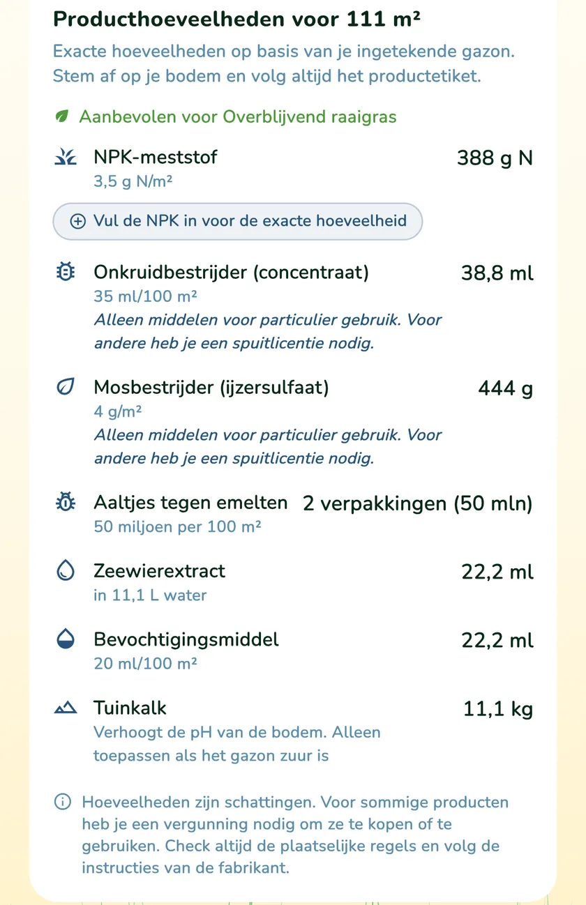 Tuinkalk in de productkaart van de app What a Green Lawn voor een gazon in Utrecht
