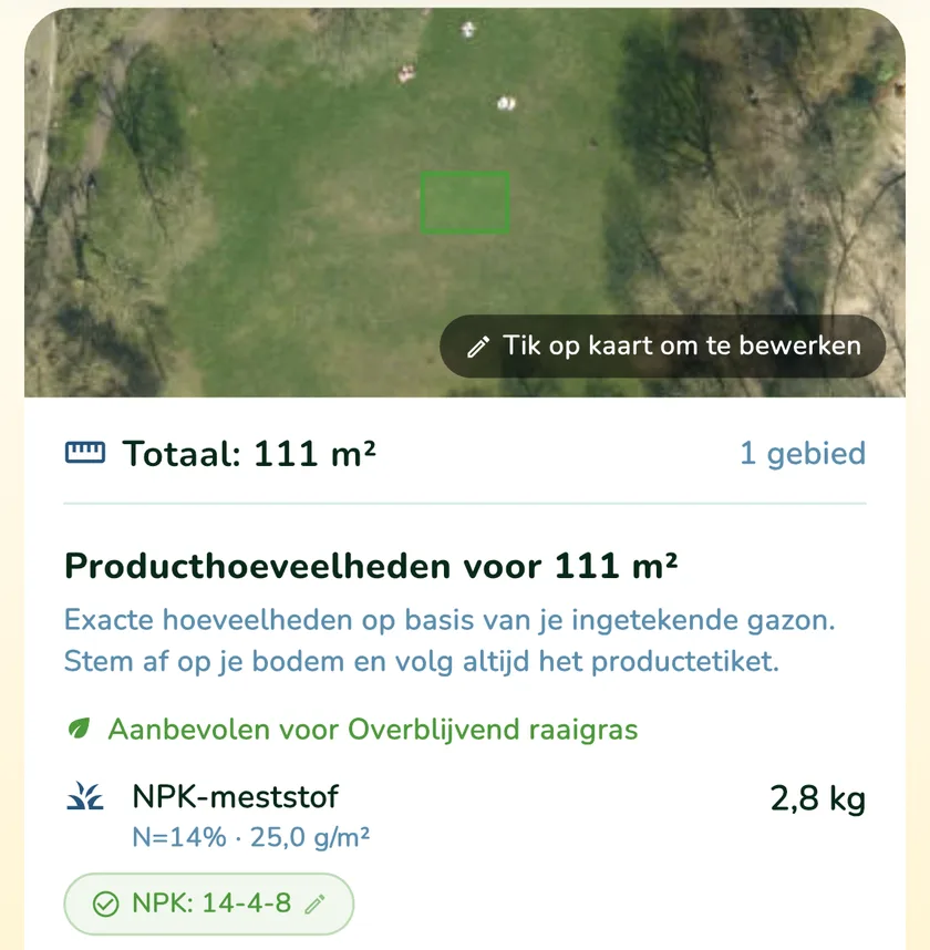 Producthoeveelheden voor een gazon van 111 m² in de app What a Green Lawn